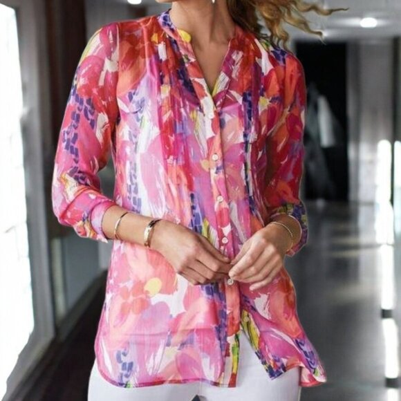 NWT SOFT SURROUNDING ( PS ) Majenta Pink Button 3 Quarter Sleeve Sheer Tunic - Picture 1 of 8